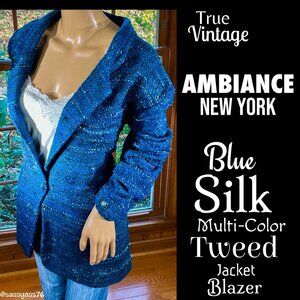 🆕VTG▪️AMBIANCE NY▪️ Blue Teal Silk Multi-Color Tweed One-Button Jacket Blazer